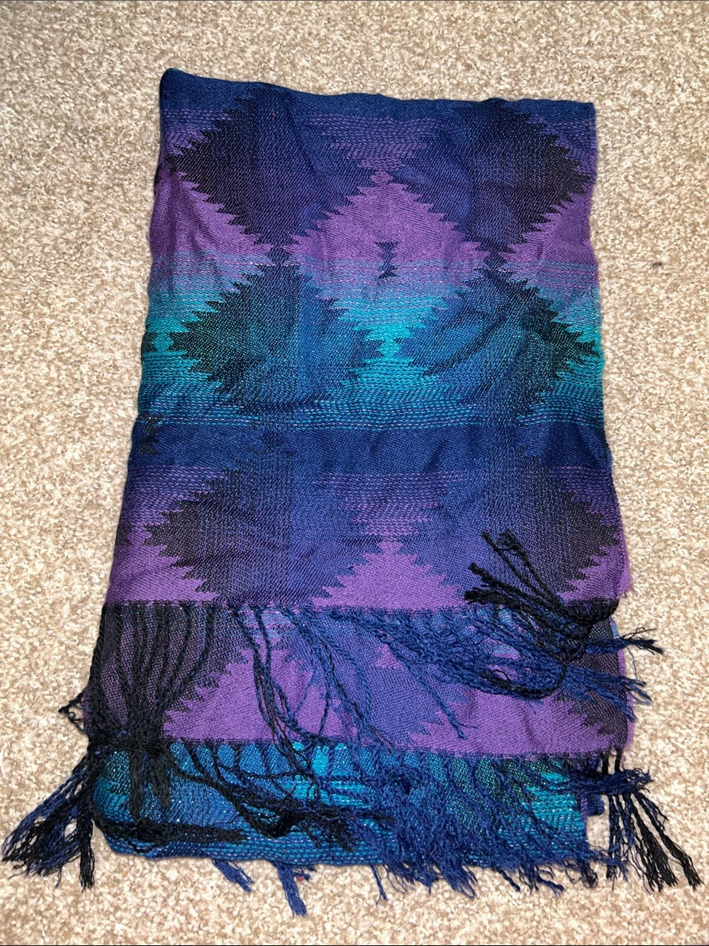 Mudd Purple Teal Aztec Pattern Fringe Scarf